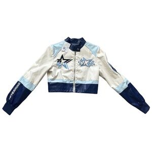 Forever 21 White and Blue Star Embroidered Motorcycle Jacket - NEW WITH TAGS